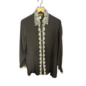 Bob Mackie M Silk Wearable Art Black Button-Up Shirt With White Embroidery Detai